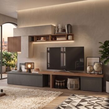 Acquista ora Parete Attrezzata Moderna 280x40x202 h cm, Mercure cannettato, Argilla e Lava, collezione Logica