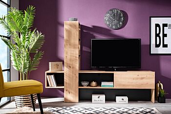 Parete attrezzata Cross, porta tv con libreria finitura Rovere e Nero