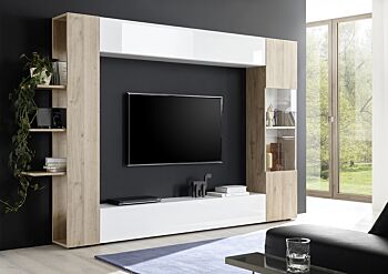 Parete soggiorno design soggiorno Zenzero  finitura bianco lucido e rovere Cadiz