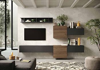 Parete attrezzata soggiorno moderno, finitura Lava e Mercure