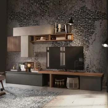 Acquista ora Parete Attrezzata Moderna 280x40x202 h cm, Mercure cannettato, Argilla e Lava, collezione Logica