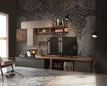 Acquista ora Parete Attrezzata Moderna 280x40x202 h cm, Mercure cannettato, Argilla e Lava, collezione Logica