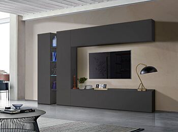 Parete attrezzata economica e moderna con vetrina L.280 cm, finitura Antracite lucido