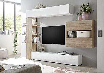 Parete attrezzata soggiorno moderna soggiorno con libreria Bianco Laccato Lucido e Rovere Cadiz