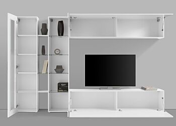 Parete attrezzata di design con vetrina L.280 cm, finitura Bianco lucido 