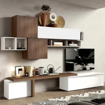 Acquista ora Parete salotto L.330 cm, Bianco lucido e Mercure cannettato, collezione Logica