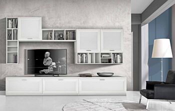 Elegante  Parete attrezzata larghezza 3 metri, Bianco frassinato, Made in Italy