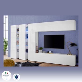 Parete attrezzata L.340 cm, finitura Bianco lucido, Made in Italy
