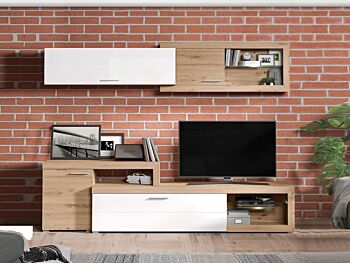 Parete attrezzata design moderno, finitura Rovere e Bianco