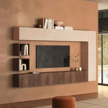Parete attrezzata moderna sospesa, L.236 H.180, Mercure cannettato e Cashmere