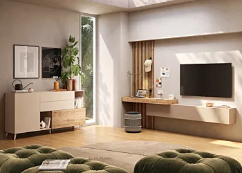 Parete attrezzata sospesa con boiserie, Cashmere e Cadiz cannettato