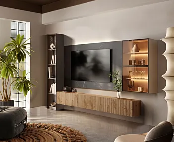 Parete attrezzata con pannello tv, Bronzo, Argilla, Cadiz Cannettato ed effetto Marmo nero