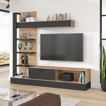 parete attrezzata nera e rovere