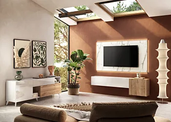 Parete attrezzata con pannello tv Marmo bianco, Cadiz cannettato e Bianco lucido