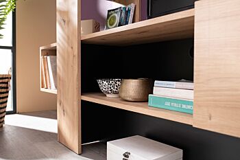 Parete attrezzata Cross, porta tv con libreria finitura Rovere e Nero