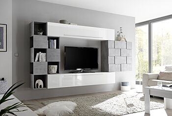 Pareti design moderno, arredamento pareti attrezzate bianco lucido e beton con pensile Miss