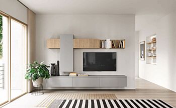 Parete attrezzata salotto, finitura Grigio dorian e Royal oak