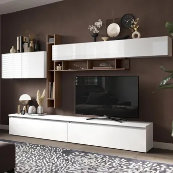 Parete attrezzata Logica con base, pensili e librerie, Bianco lucido e Mercure, L.336 Zenzero Shop