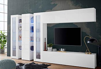 Conveniente Parete attrezzata con vetrine L.340 cm, finitura Bianco lucido, Made in Italy