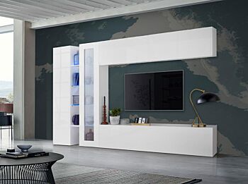 Parete attrezzata di design con vetrina L.280 cm, finitura Bianco lucido 