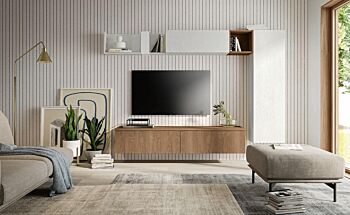 Parete moderna salotto, finitura Rovere bianco e Rovere cognac