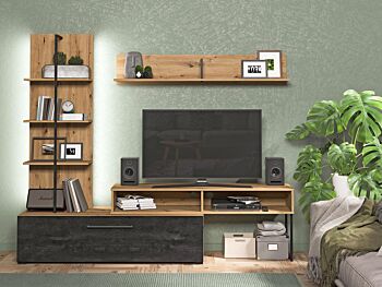 Parete moderna con ribalta e libreria, finitura Rovere e Carbone