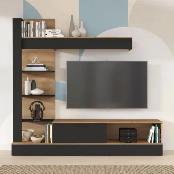 parete attrezzata nera e rovere