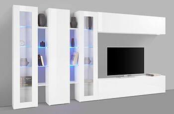 Conveniente Parete attrezzata con vetrine L.340 cm, finitura Bianco lucido, Made in Italy