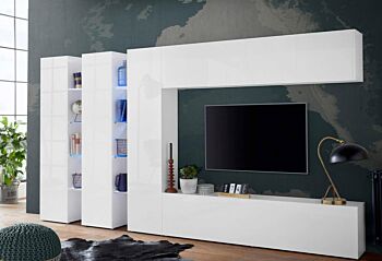 Parete attrezzata L.340 cm, finitura Bianco lucido, Made in Italy
