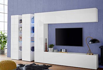 Parete attrezzata L.340 cm, finitura Bianco lucido, Made in Italy
