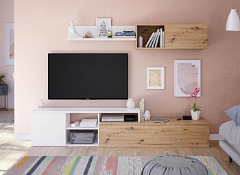 Parete attrezzata economica, finitura Bianco opaco e Rovere nodi