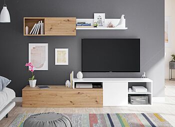 Parete attrezzata economica, finitura Bianco opaco e Rovere nodi