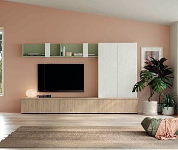 Parete moderna soggiorno, finitura Rovere bianco, Royal oak e Oliva