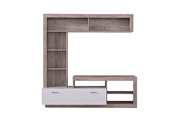 Parete attrezzata soggiorno, finitura Rovere grigio e Bianco opaco