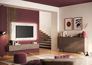 Parete attrezzata con boiserie, pannello tv e ribalte, Bronzo, effetto Marmo bianco, Mercure cannettato