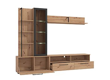 Parete con base tv vetrina e mensole finitura Rovere e Nero