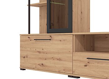 Parete con base tv vetrina e mensole finitura Rovere e Nero