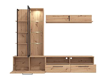 Parete con base tv vetrina e mensole finitura Rovere e Nero