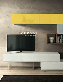 Parete attrezzata Yvaga  in finitura Frassinato bianco, Rovere nordico, Vetro grigio e Vetro giallo