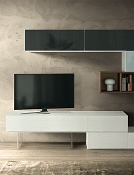 Parete attrezzata Venere  in finitura Frassinato bianco, Rovere nordico, Vetro grigio e Vetro antracite