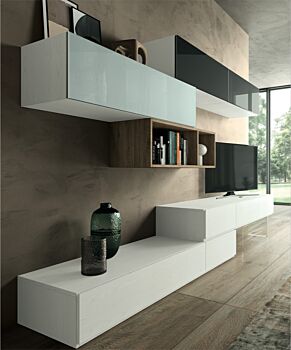 Soggiorno Boomerang con parete e madia  in finitura Frassinato bianco, Rovere nordico, Vetro grigio e Vetro antracite