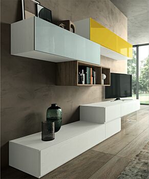 Parete attrezzata Yvaga  in finitura Frassinato bianco, Rovere nordico, Vetro grigio e Vetro giallo
