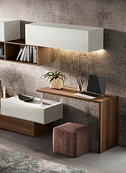 Soggiorno moderno Trifida con parete attrezzata e appendiabiti in finitura Bianco frassinato e Quercia brown