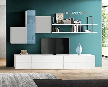Parete attrezzata Perwana in finitura Frassinato bianco, Grigio opaco e Vetro azzurro