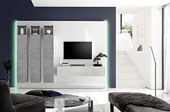 Parete attrezzata moderna di design, finitura bianco laccato lucido e Beton, 3 vani a giorno