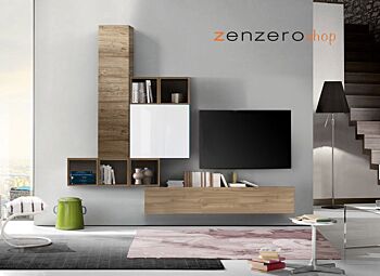 Soggiorno Zenzero, parete attrezzata moderna di design bianco lucido, cadiz e miele