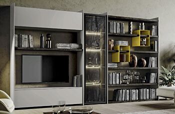 Parete attrezzata con libreria di alta qualità, finitura in giallo oro, Grigio seta e Legno bruciato