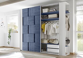 Camera completa con letto blu in tessuto imbottito con armadio Miss H.230