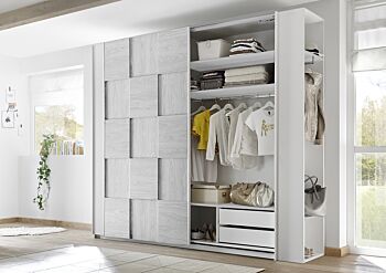 Camera completa con letto grigio in tessuto imbottito con armadio Miss H.230