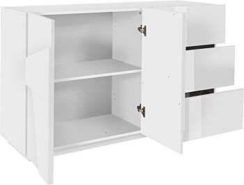 Madia moderna con 3 cassetti e 2 ante con disegno geometrico in Bianco lucido